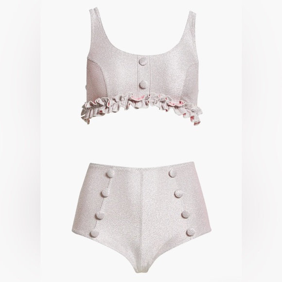 Lisa Marie Fernandez Colby High-Waist Bkini Silver & Pink Metallic Jacquard Sz 1 - Picture 11 of 16